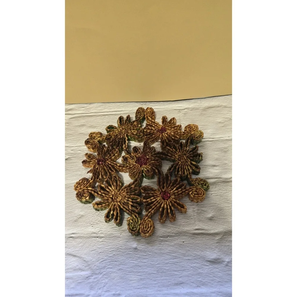 Raffia And Wicker Boho Flower Trivet Set Of Three Vintage Coiled Design